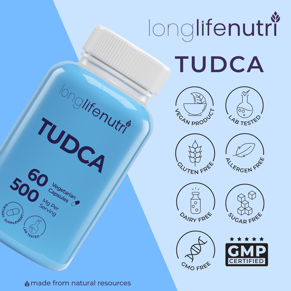 LongLifeNutri TUDCA bottle with glass of water — simple routine for wellness