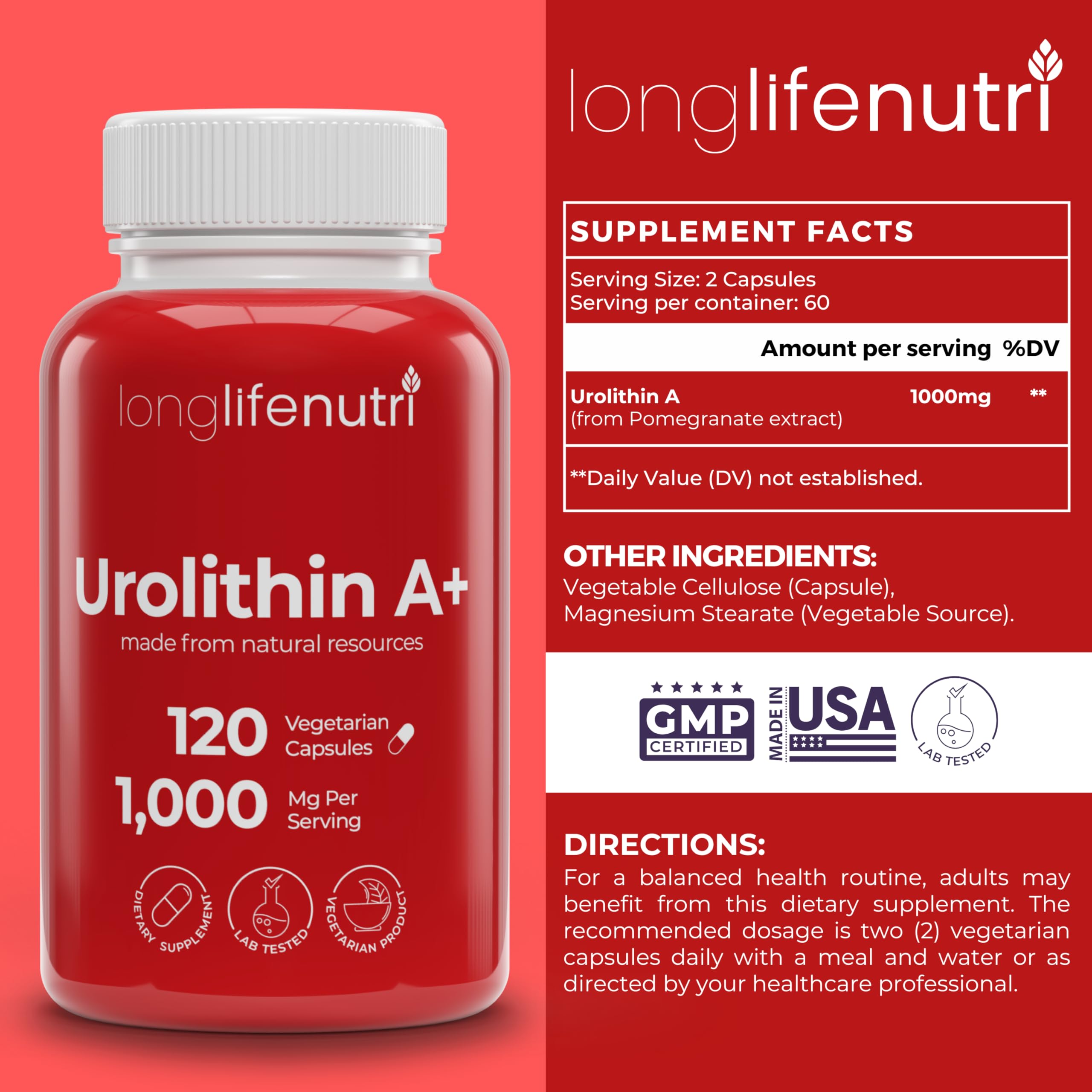 LongLifeNutri Urolithin A+ ingredients close-up highlighting organic pomegranate extract