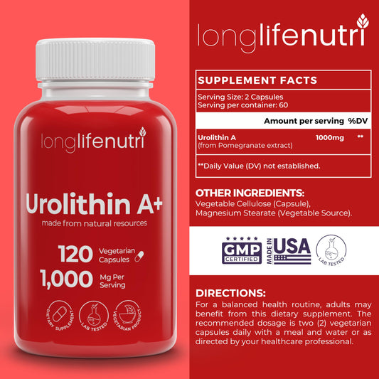 LongLifeNutri Urolithin A+ ingredients close-up highlighting organic pomegranate extract
