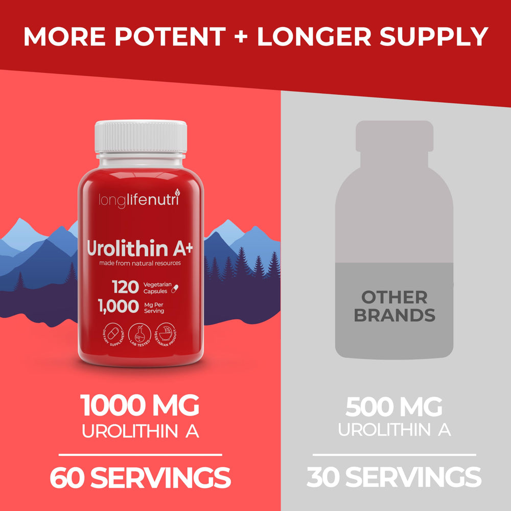LongLifeNutri Urolithin A+ organic pomegranate extract label showing purity