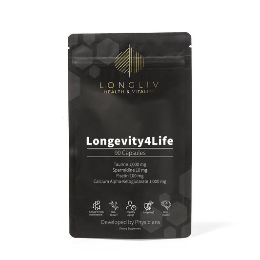 LongLiv Longevity4Life bottle label showing four-in-one formula for vitality.