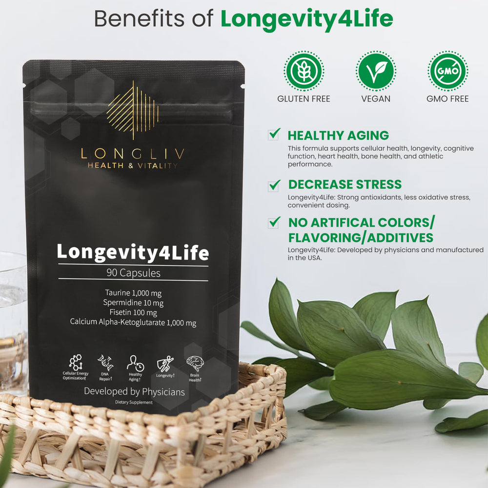 Person holding Longevity4Life bottle to illustrate daily supplement routine.