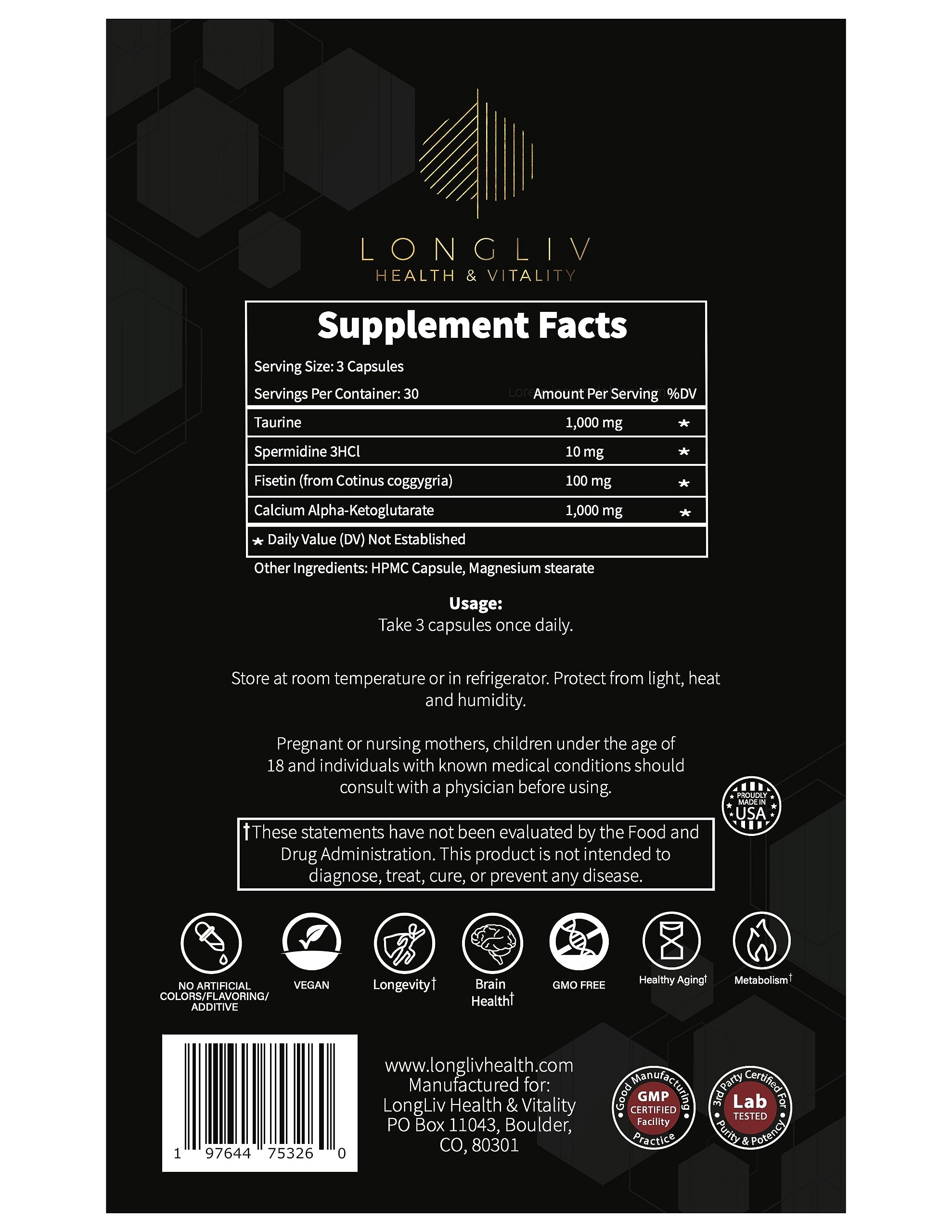Packaging and USA-made facility claim for Longevity4Life quality.