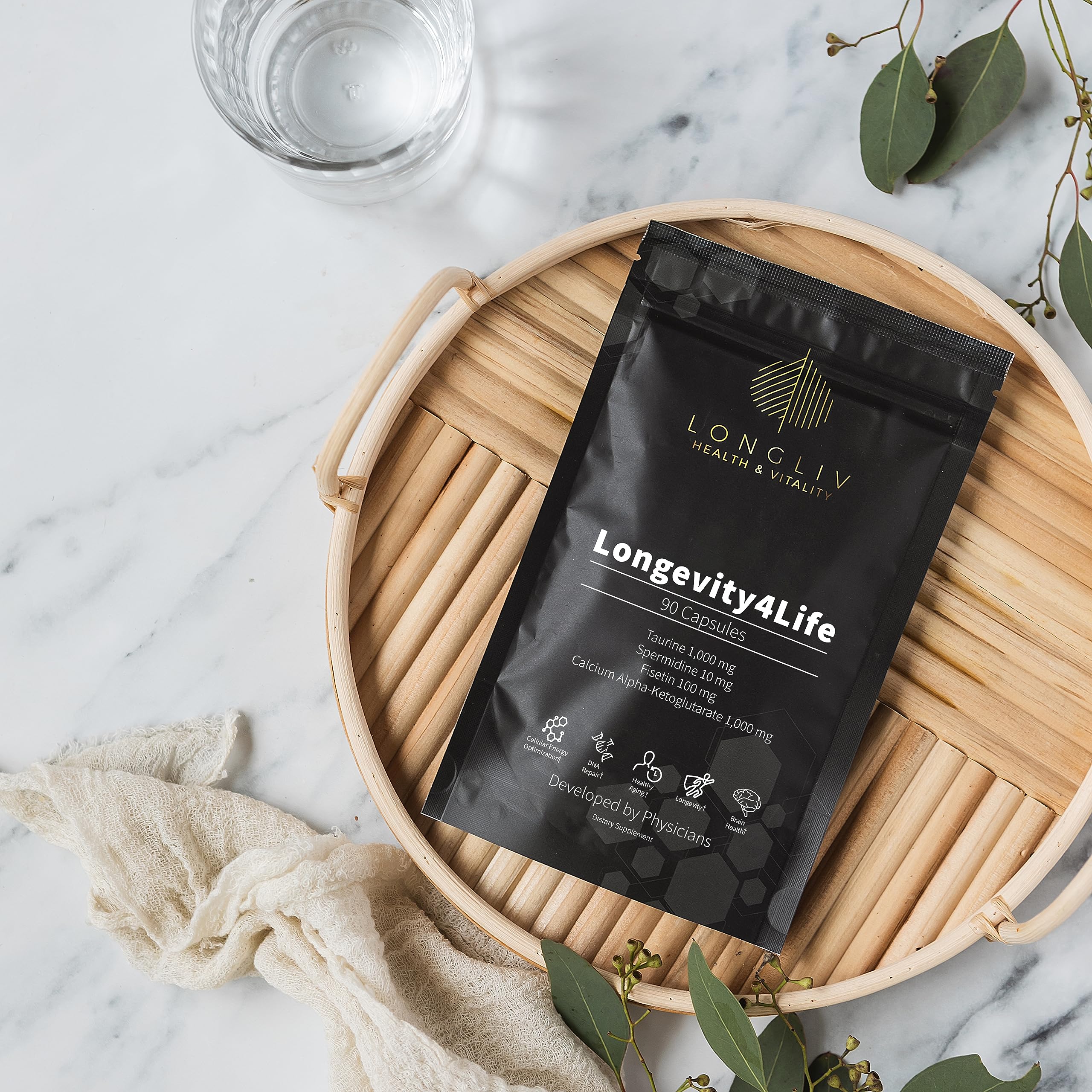 Longevity4Life product on a surface illustrating daily wellness routine.