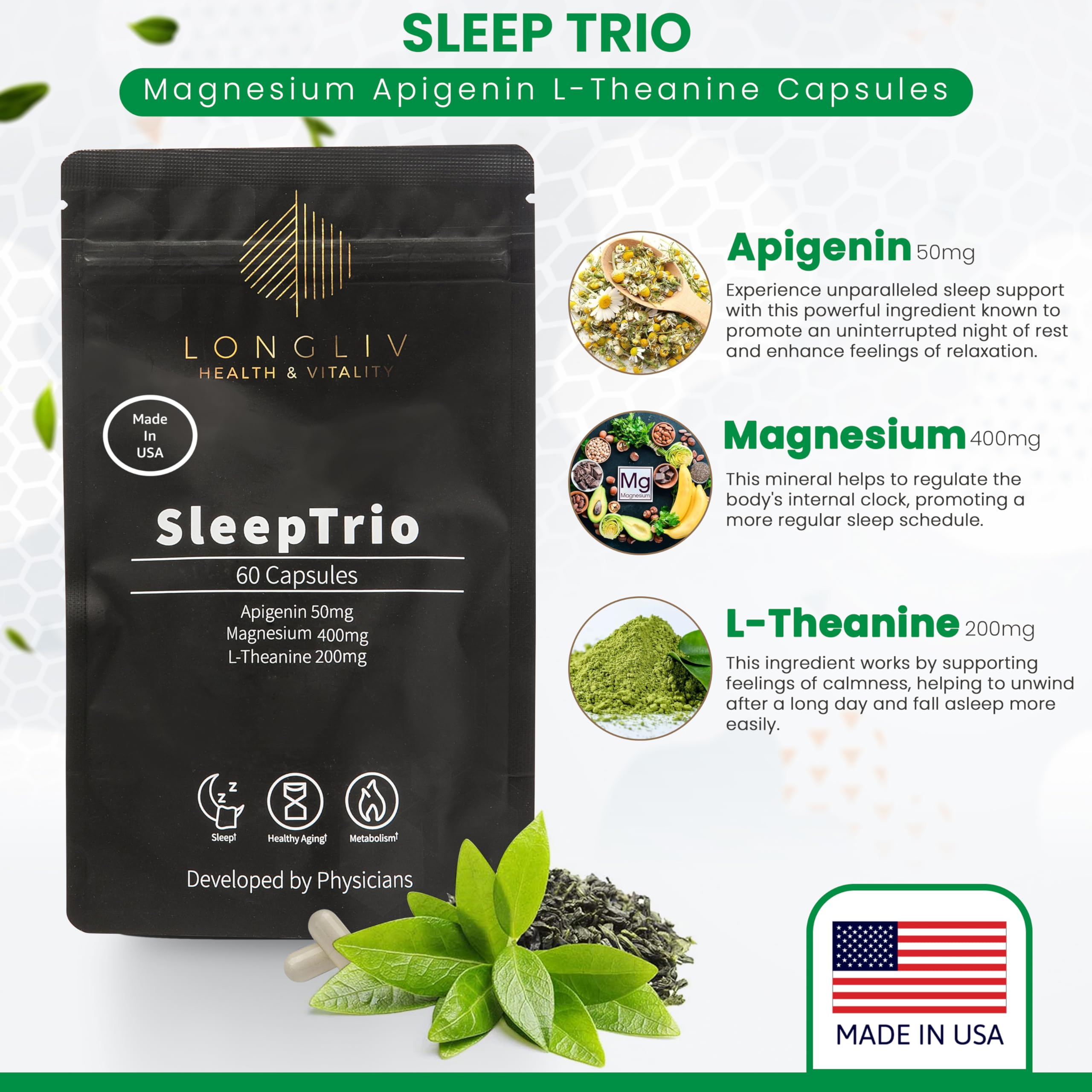 LongLiv Sleep Trio capsules closeup highlights magnesium bis-glycinate and L-Theanine.