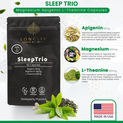 LongLiv Sleep Trio capsules closeup highlights magnesium bis-glycinate and L-Theanine.