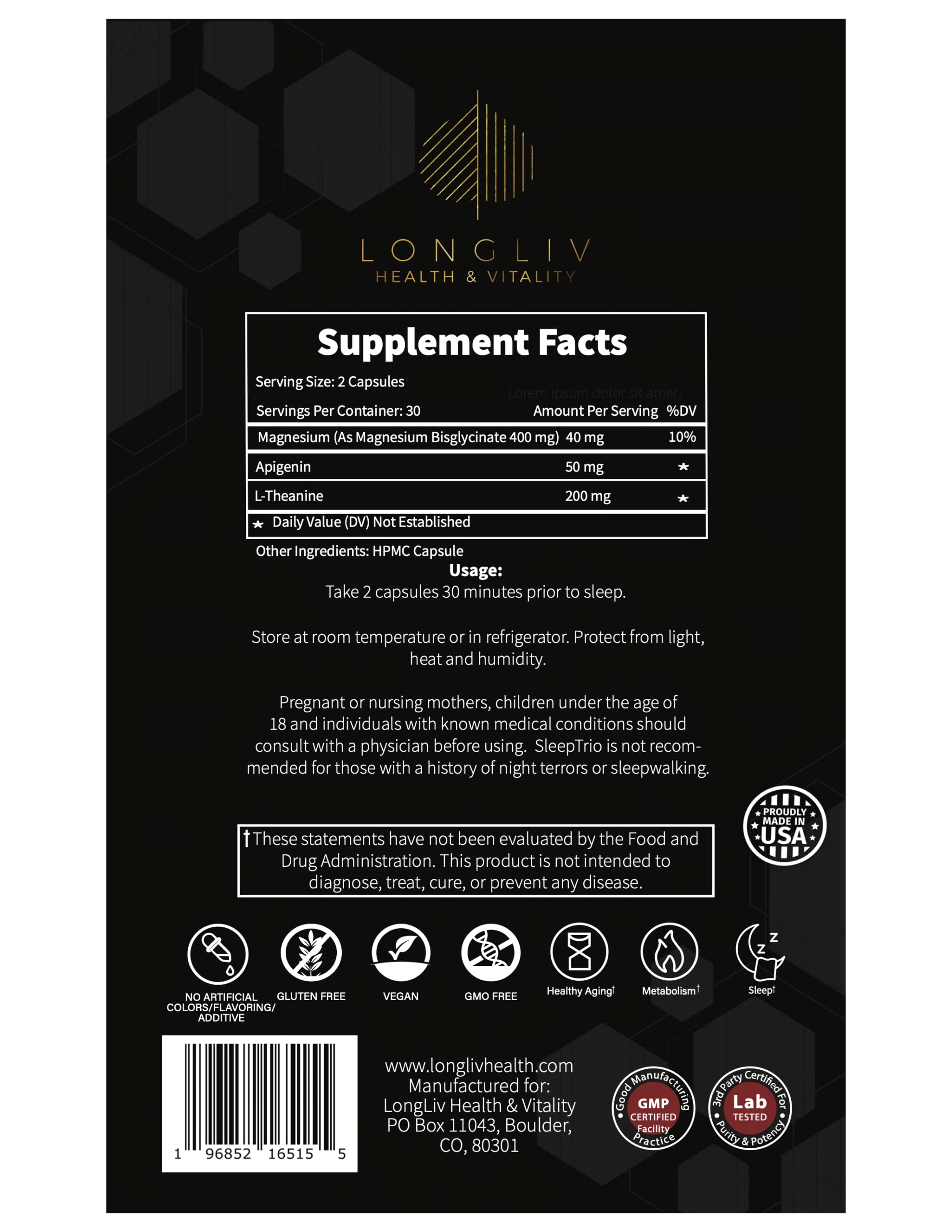 LongLiv Sleep Trio USA-made packaging highlights quality and safety.