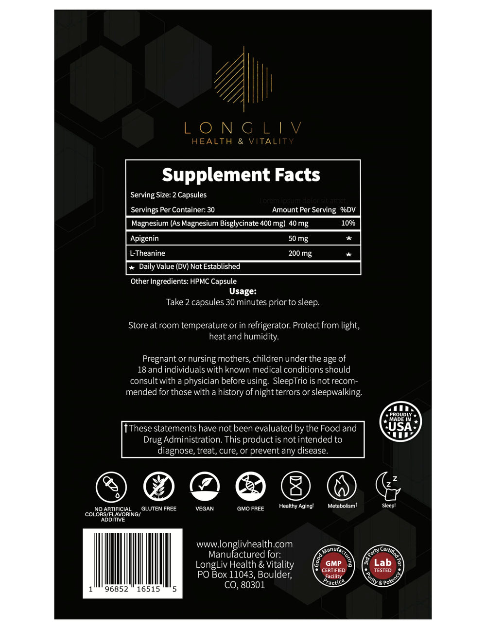 LongLiv Sleep Trio USA-made packaging highlights quality and safety.