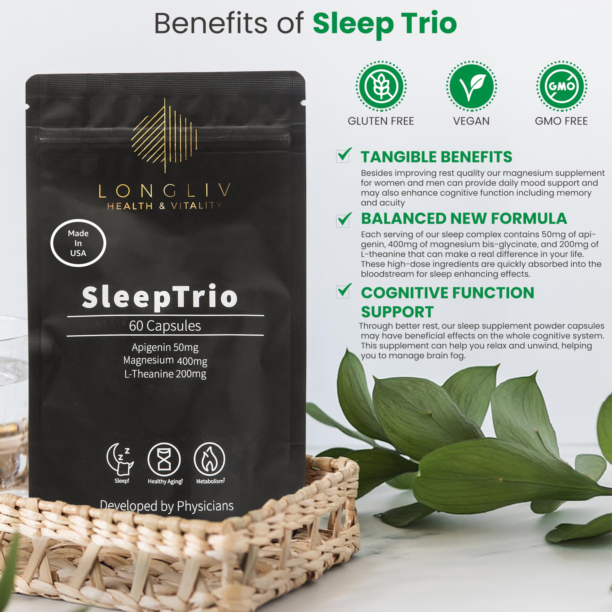 LongLiv Sleep Trio label detail emphasizes USA manufacturing and triple-ingredient support.