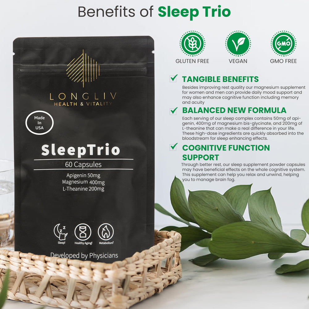 LongLiv Sleep Trio label detail emphasizes USA manufacturing and triple-ingredient support.