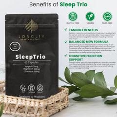 LongLiv Sleep Trio label detail emphasizes USA manufacturing and triple-ingredient support.