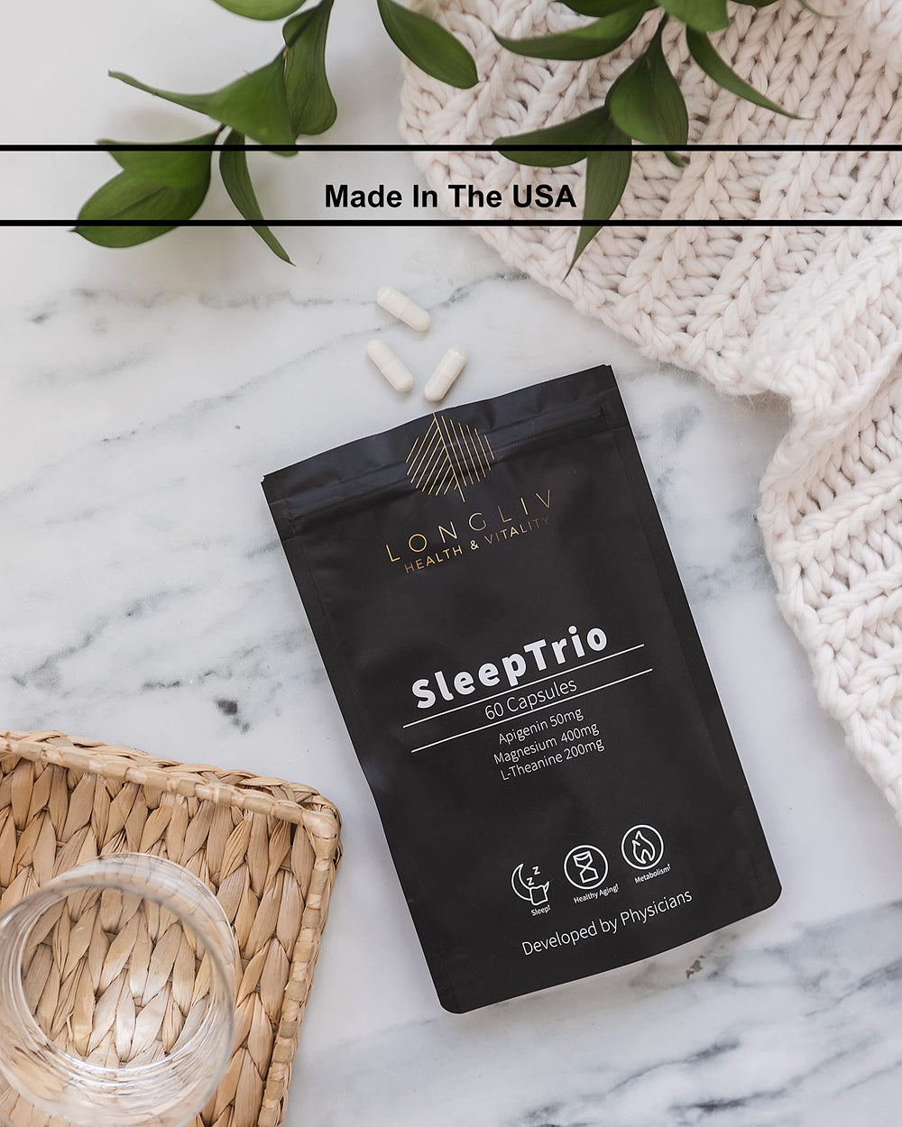 LongLiv Sleep Trio capsule bottle on shelf signals third-party tested quality.