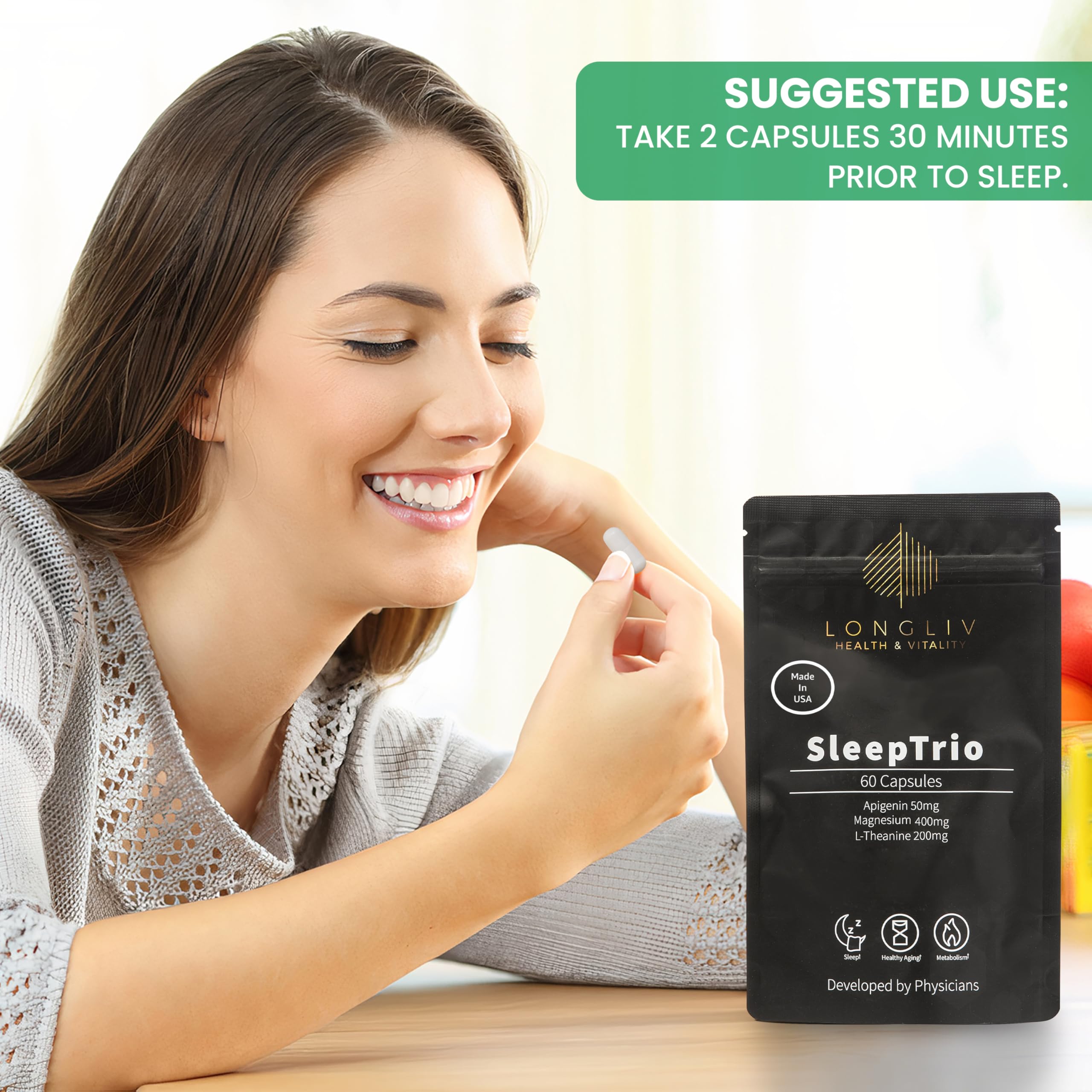 LongLiv Sleep Trio nightstand scene suggests easy, melatonin-free bedtime routine.