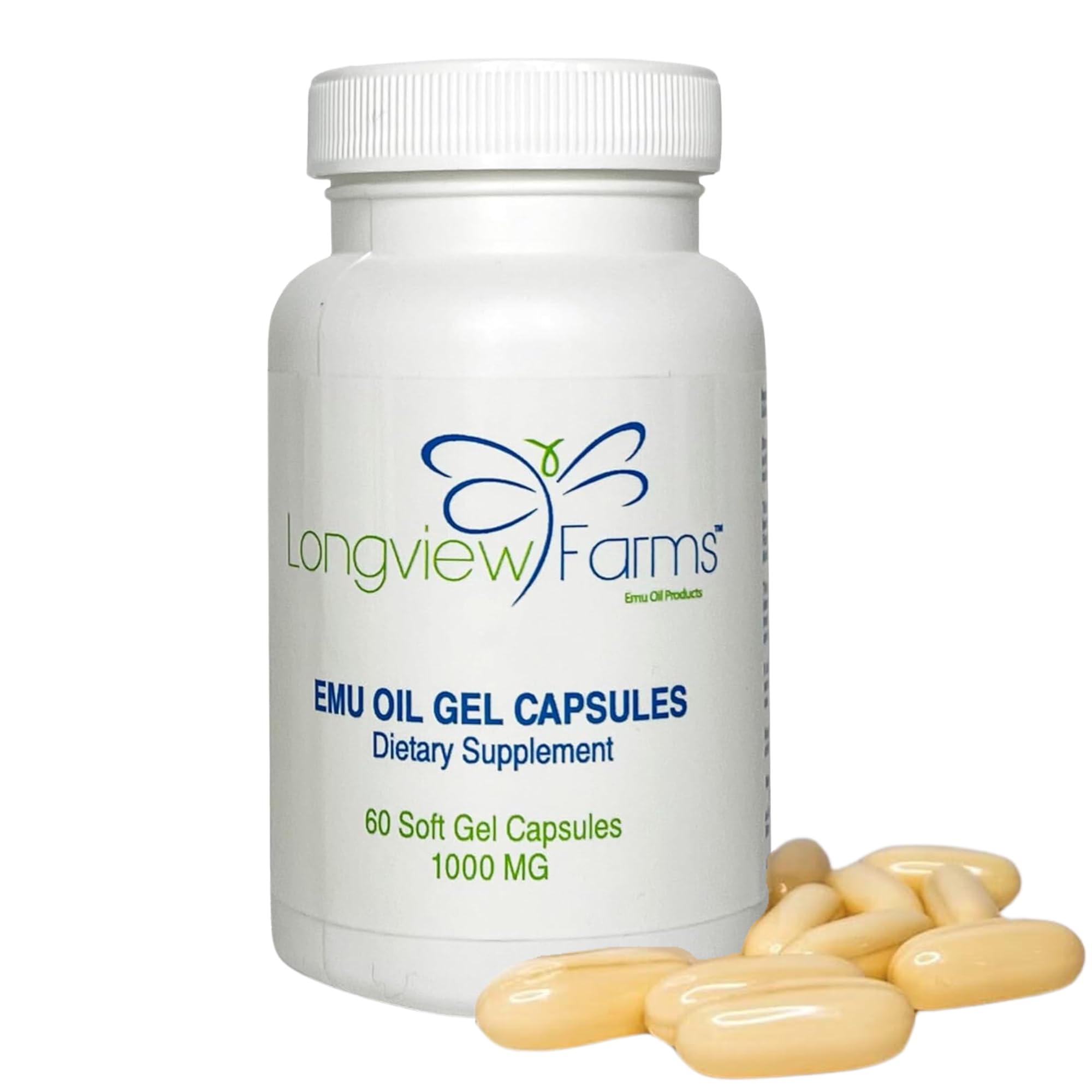 Longview Farms Emu Oil Gel Capsules bottle promotes daily wellness with pure emu oil.