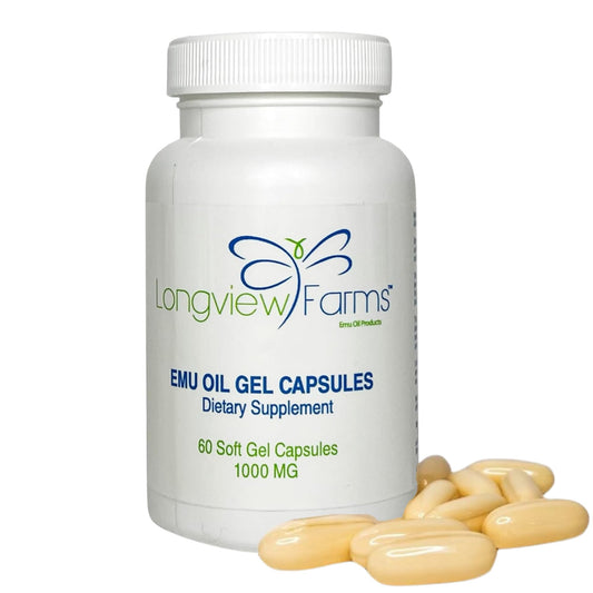 Longview Farms Emu Oil Gel Capsules bottle promotes daily wellness with pure emu oil.