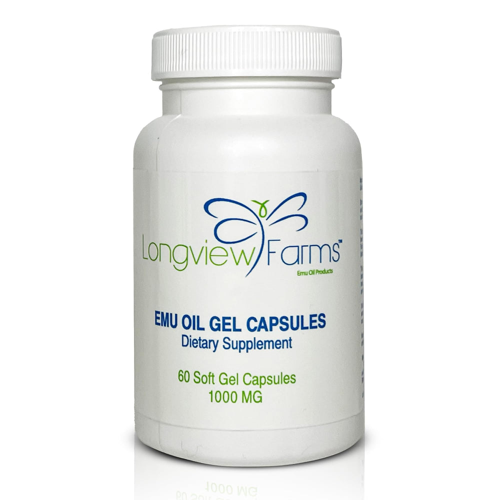 Longview Farms Emu Oil Gel Capsules daily-use context on a countertop.
