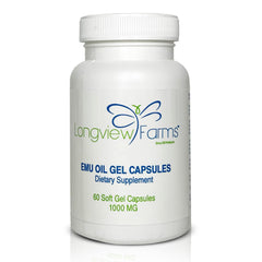 Longview Farms Emu Oil Gel Capsules daily-use context on a countertop.