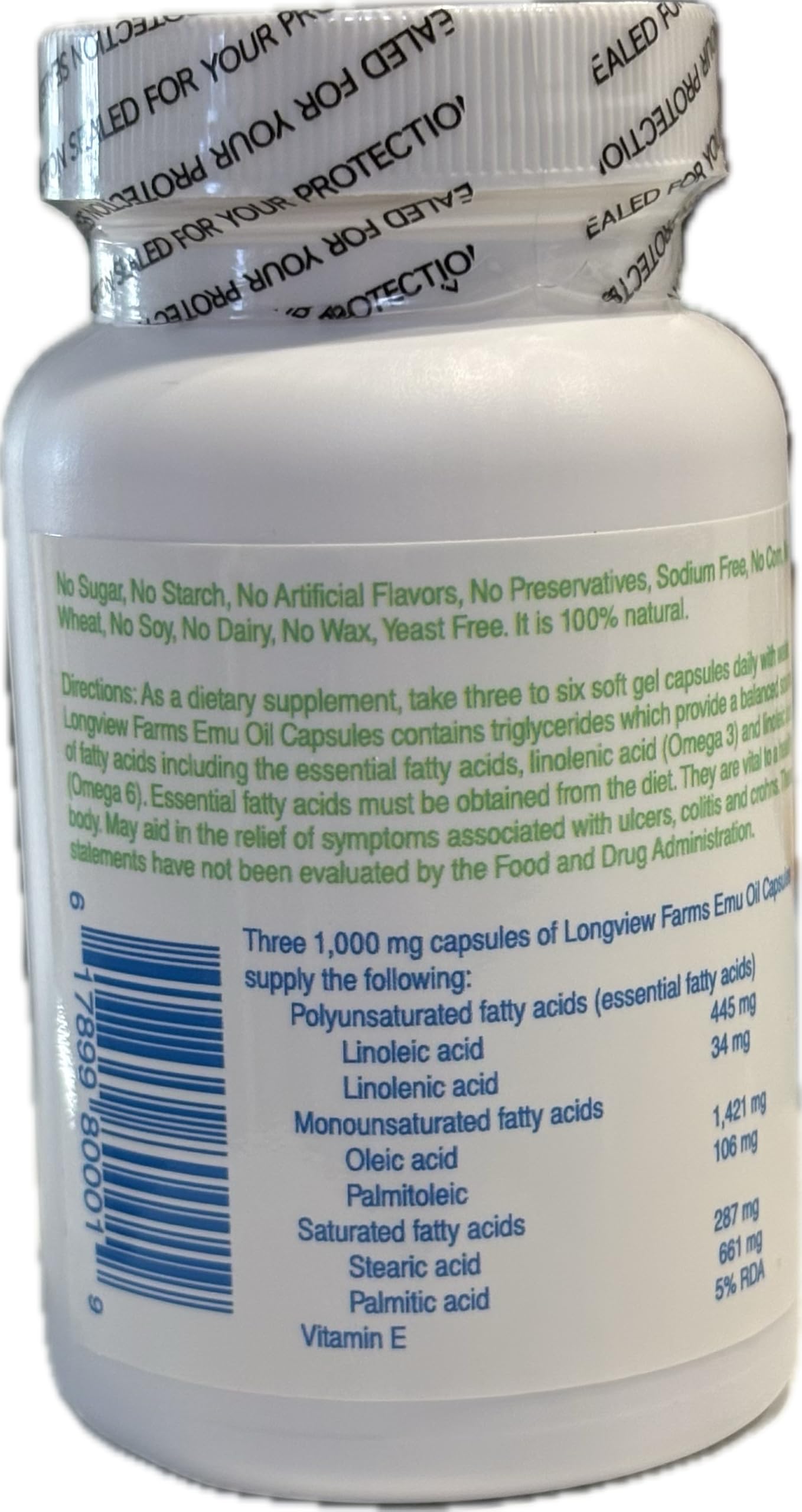 Longview Farms Emu Oil Gel Capsules ingredients and vitamins close-up.