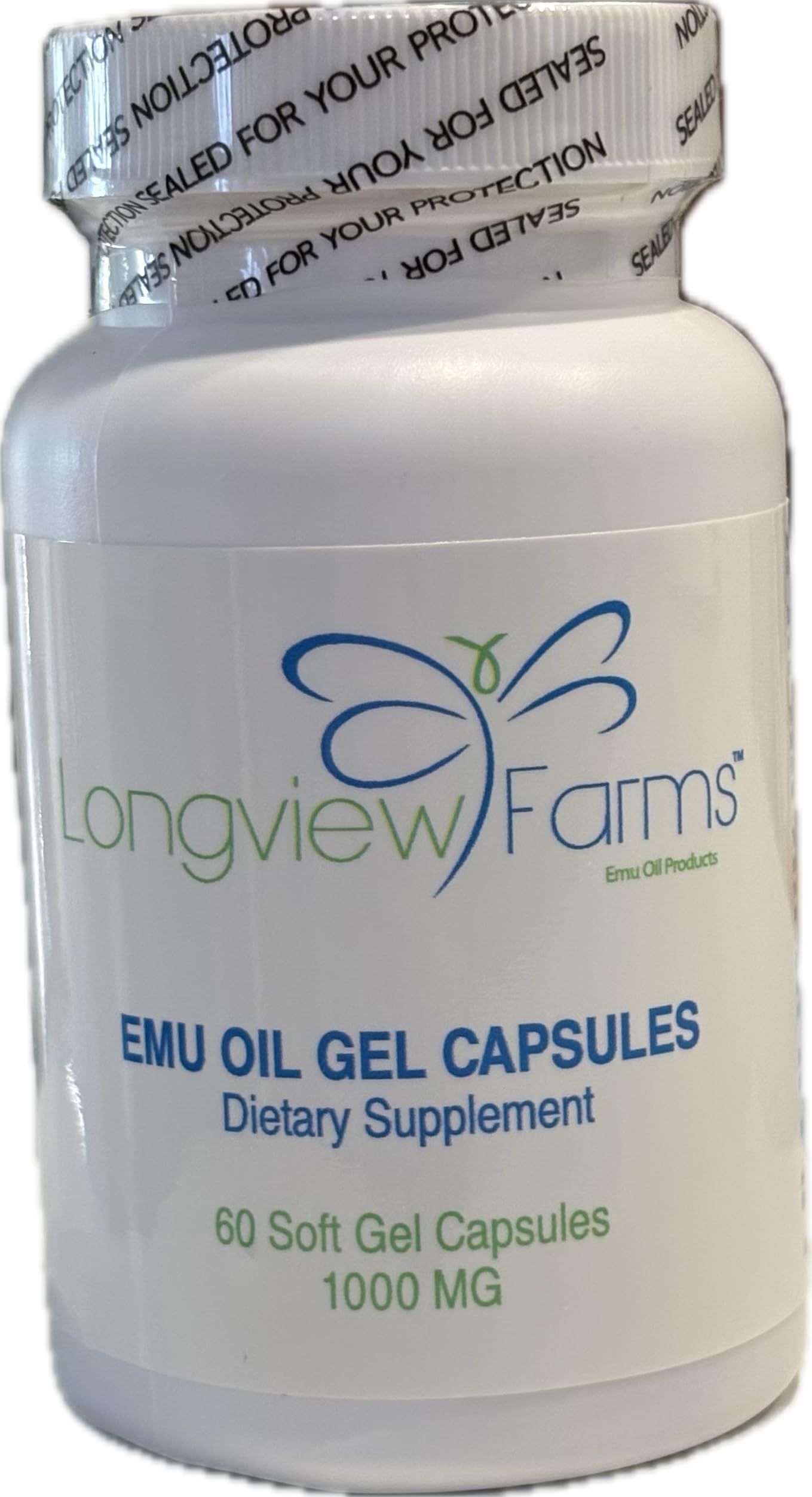 Longview Farms Emu Oil Gel Capsules highlight omega-3, 6, and 9 balance.