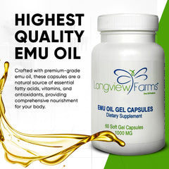 Longview Farms Emu Oil Gel Capsules pour scene showing easy daily dosing.