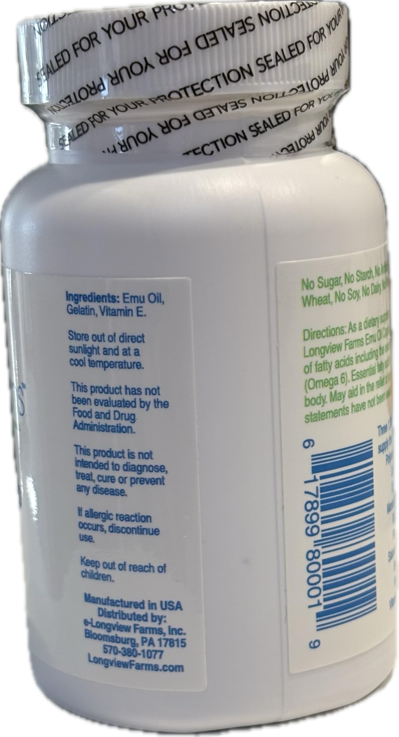 Longview Farms Emu Oil Gel Capsules sustainably produced label.