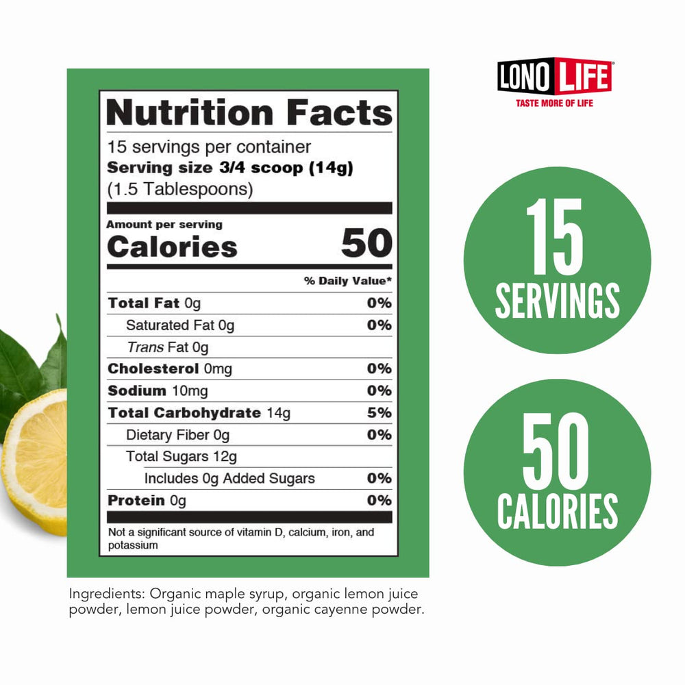 LonoLife Master Cleanse Lemonade ingredients close-up features cayenne, lemon, maple tones.