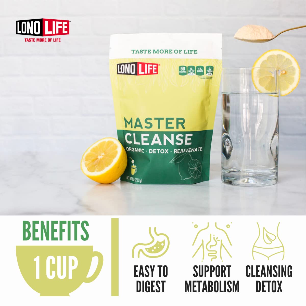 LonoLife Master Cleanse Lemonade organic maple syrup detail underlines premium flavor base.