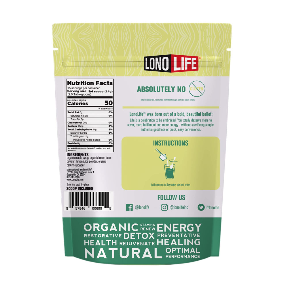 LonoLife Master Cleanse Lemonade scoop shows easy 8 oz water mix for daily use.