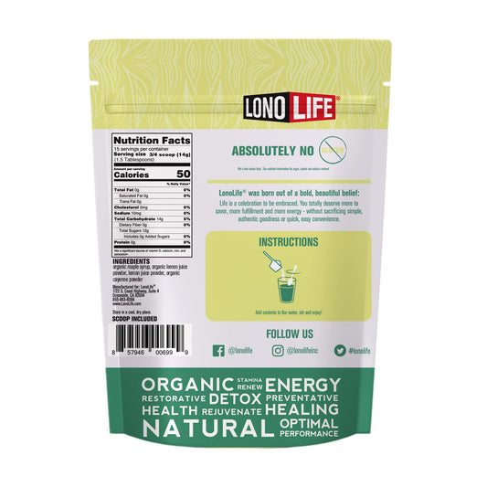 LonoLife Master Cleanse Lemonade scoop shows easy 8 oz water mix for daily use.