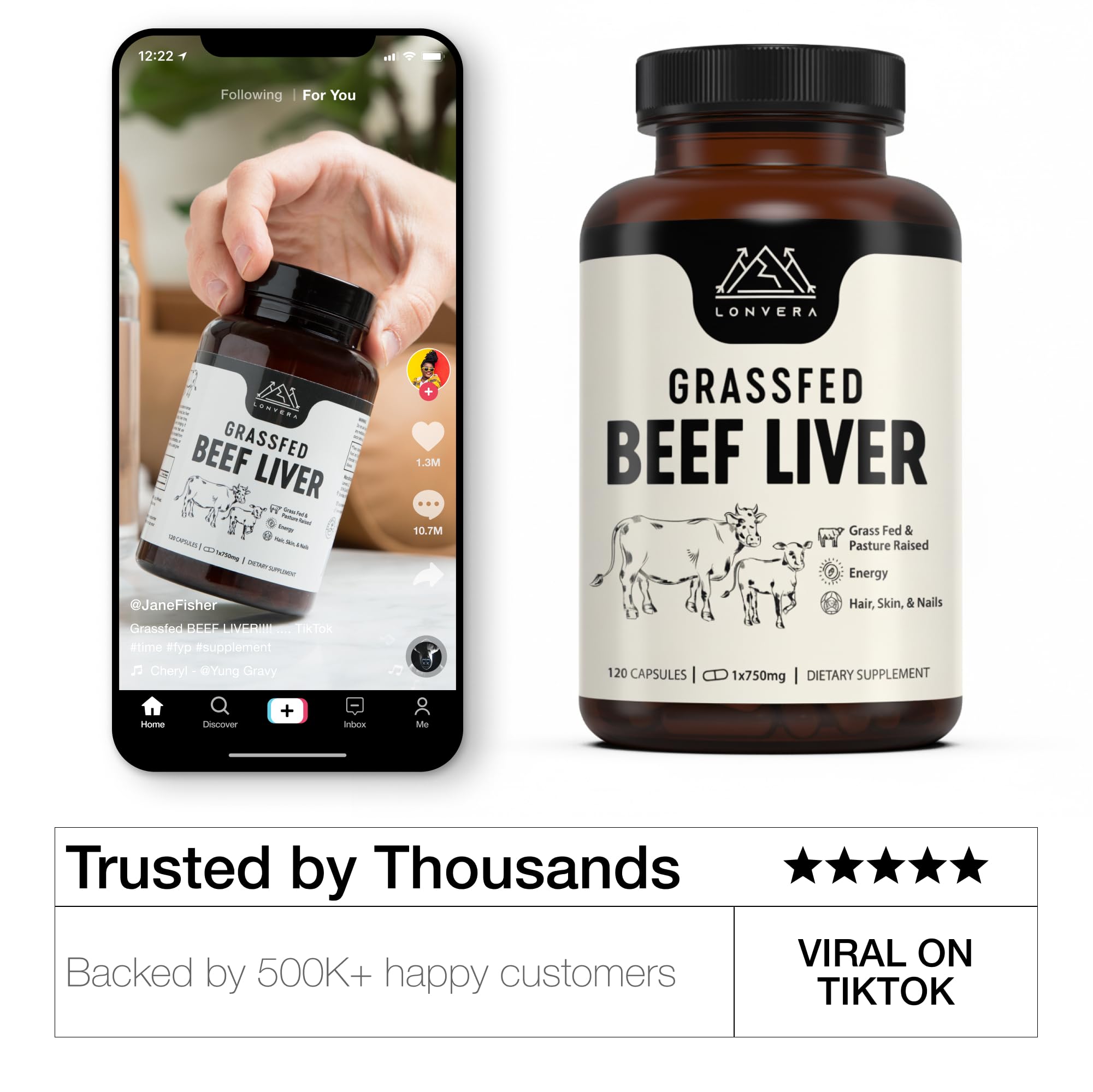 Lonvera bottle imagery conveying skin, hair, nails nourishment ideas.