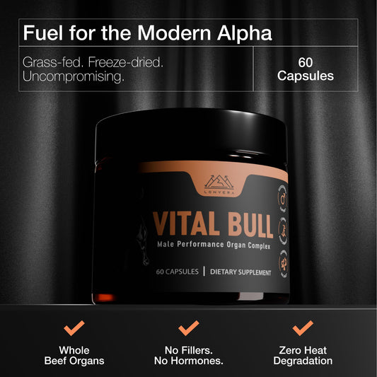 Lonvera Vital Bull bottle label closeup highlighting grass-fed organ nutrients