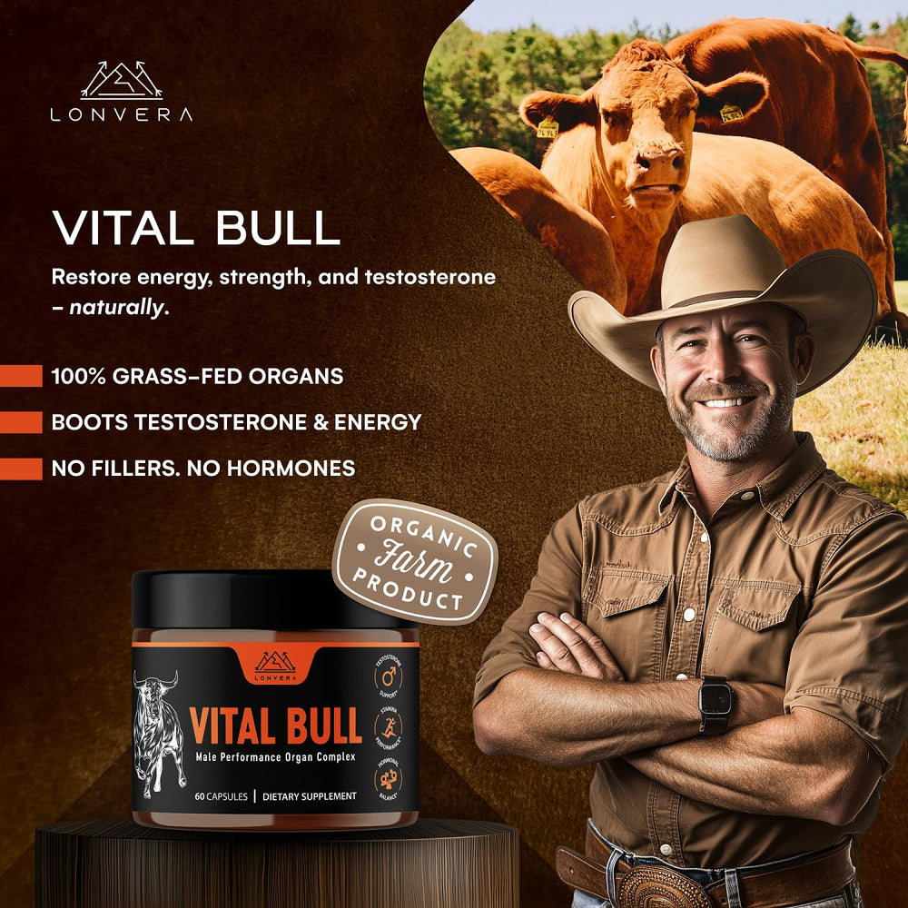 Lonvera Vital Bull capsules close-up highlighting convenient two-capsule daily dose