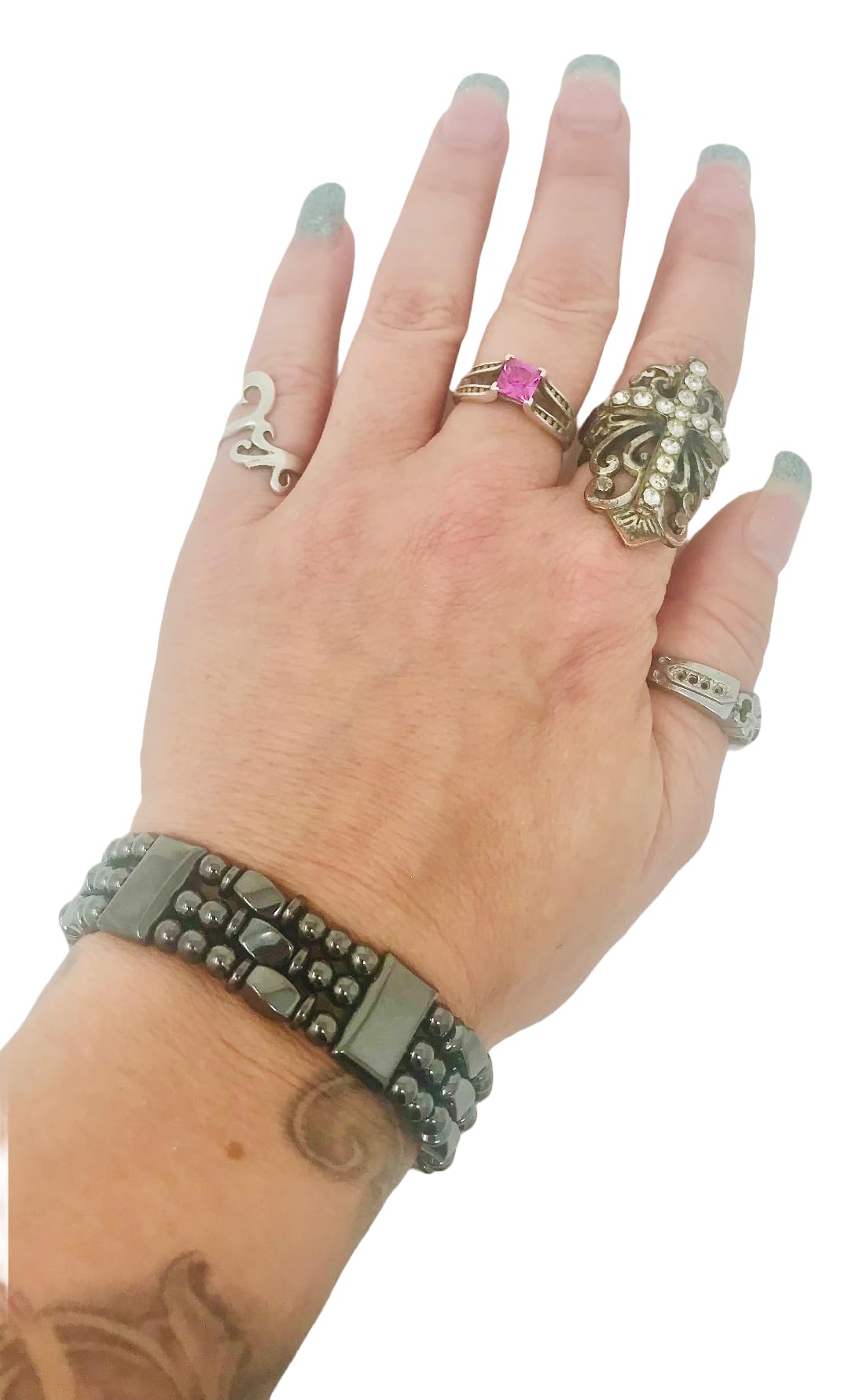 Look Sharp Hematite Bracelet worn on wrist or ankle for versatility