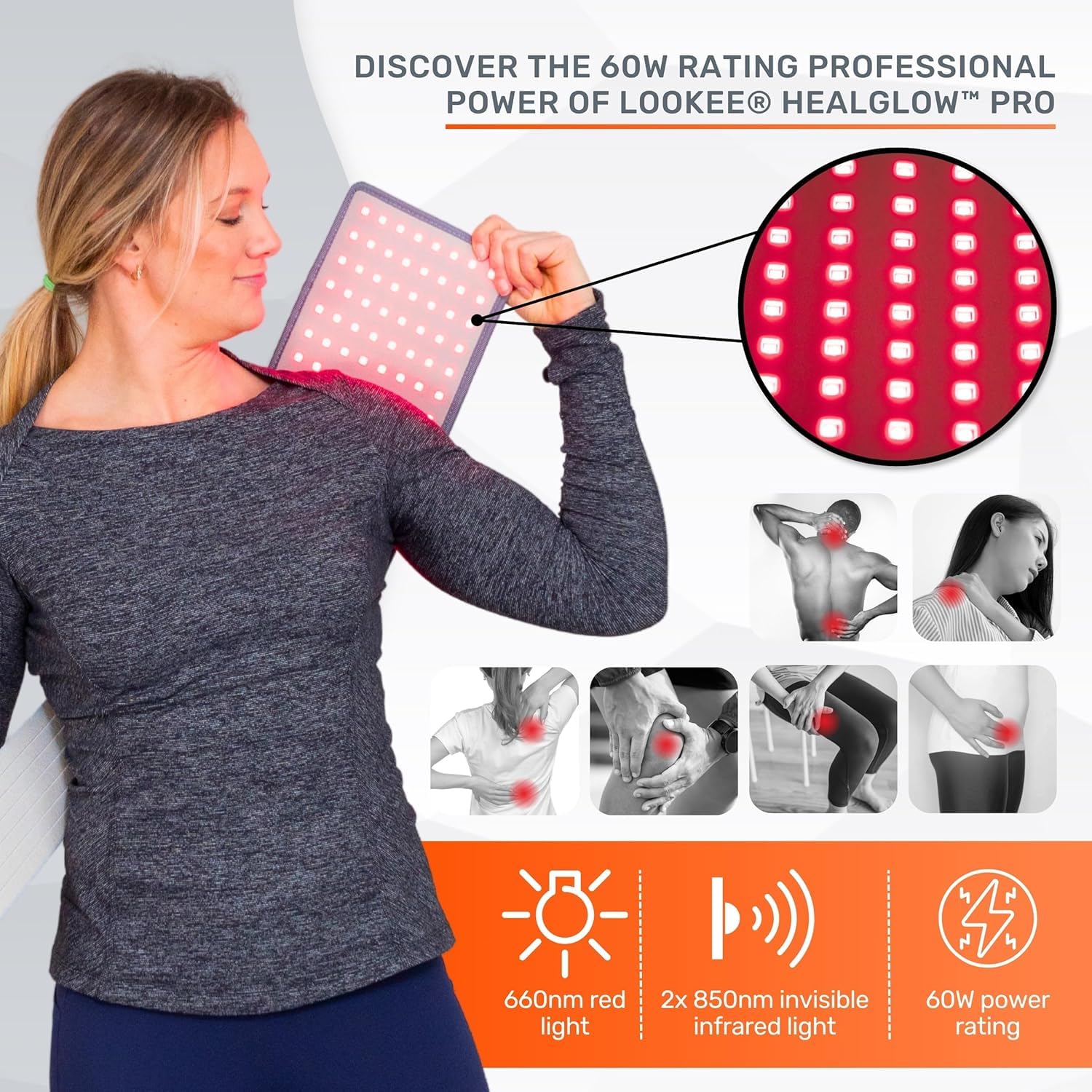 LOOKEE HealGlow Pro 60W output provides robust, comfortable light therapy sessions.