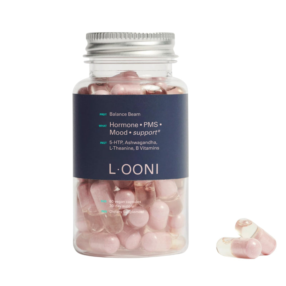 L·OONI PMS Relief Balance bottle with vegan capsules for daily mood support.