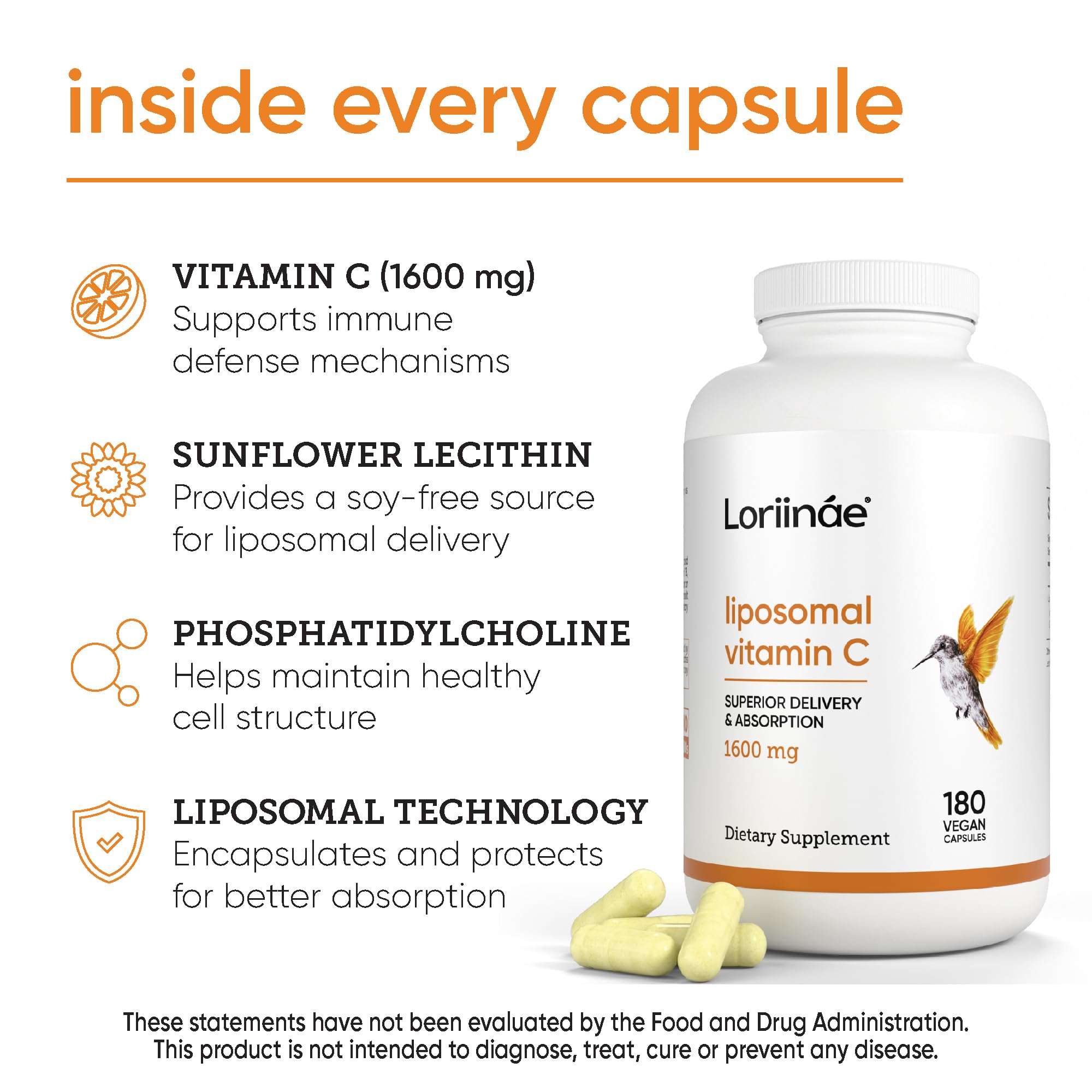 Loriináe liposomal vitamin C 1600mg bottle back label detailing ingredients and delivery notes