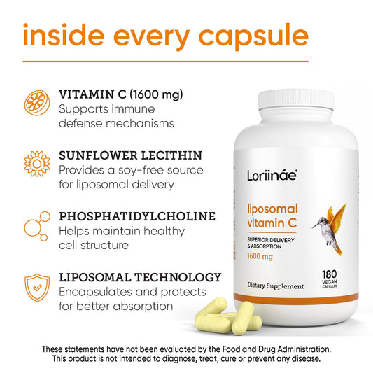 Loriináe liposomal vitamin C 1600mg bottle back label detailing ingredients and delivery notes