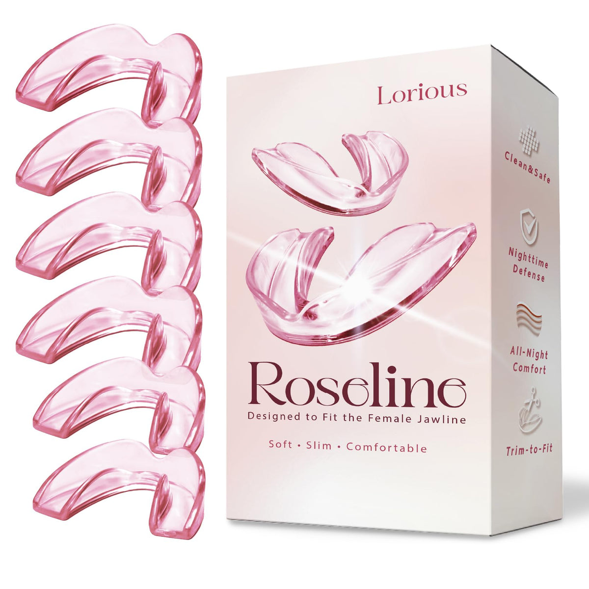 LORIOUS moldable mouth guards pack shows six pink guards for customizable comfort.