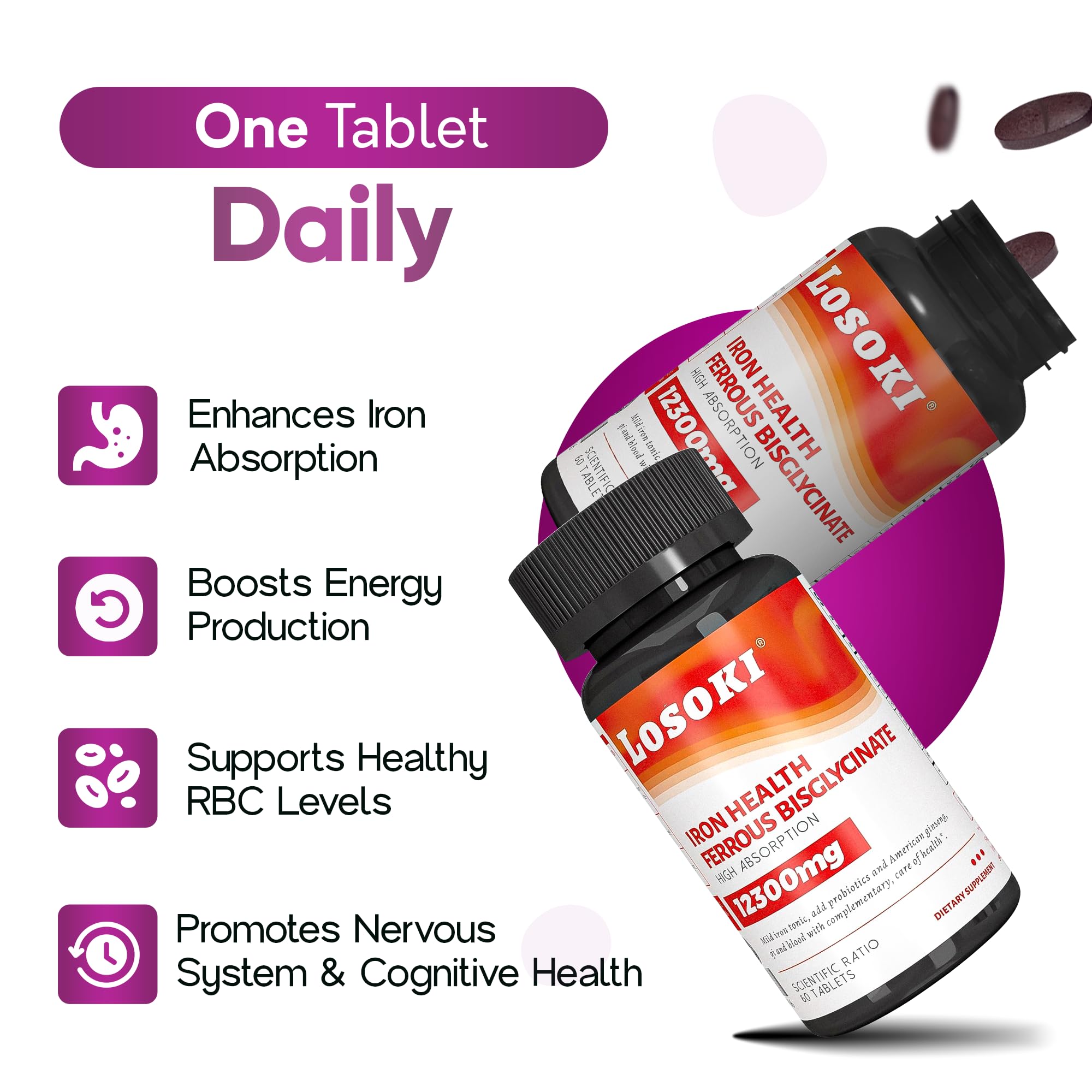 Packaging image highlighting vegan-friendly, non-GMO Losoki iron supplement.