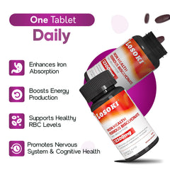 Packaging image highlighting vegan-friendly, non-GMO Losoki iron supplement.