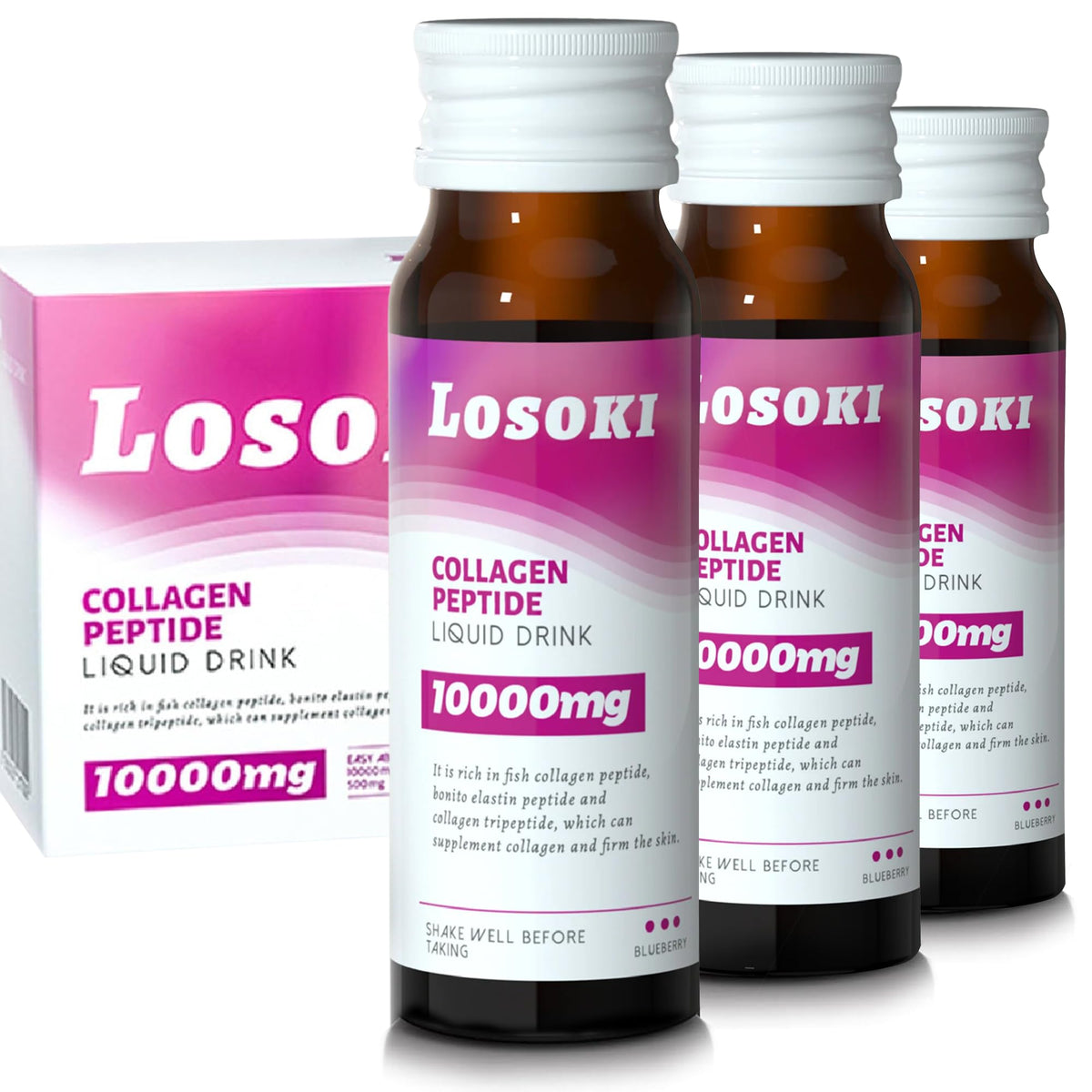 Losoki Liquid Collagen bottle pouring for premium hydration support.