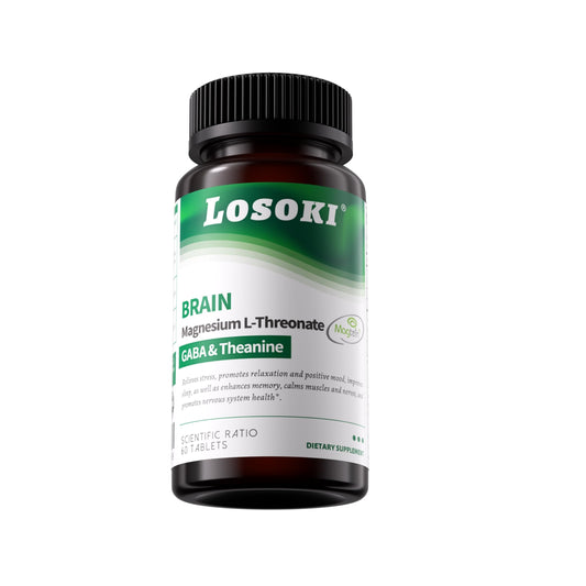 Losoki Magnesium 60 tablets label closeup highlighting mood and sleep benefits