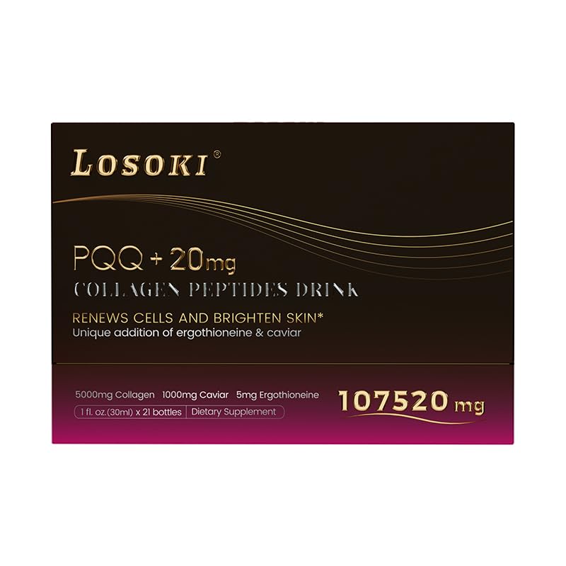 Losoki PQQ Collagen Peptides Drink bottle on table for daily skin support.