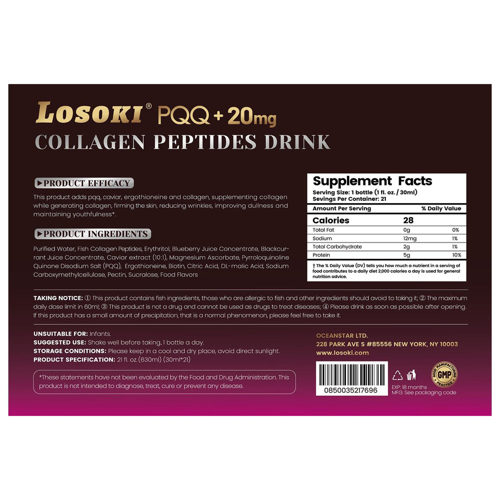 Close-up of Losoki PQQ Collagen Peptides Drink label highlighting skin-supporting ingredients.