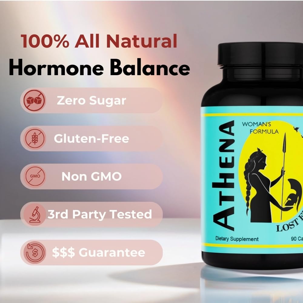 Lost Empire Herbs Athena bottle label close-up highlighting its herbal blend for balance.