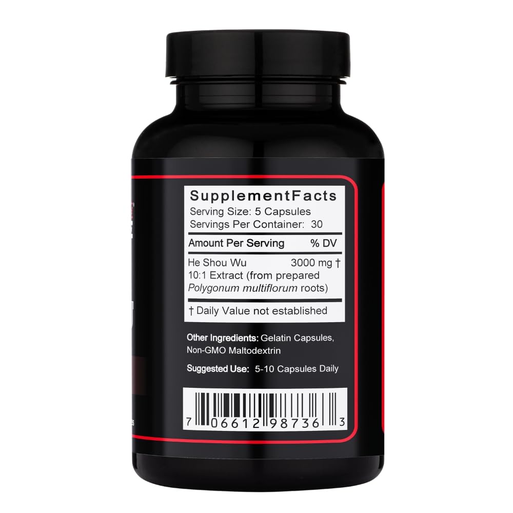 Close-up of Lost Empire He Shou Wu capsules showing pure roots and traditional preparation