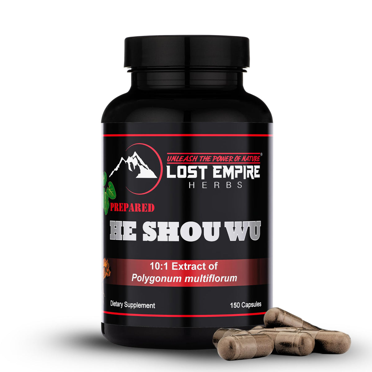Lost Empire Herbs He Shou Wu capsules bottle front with 10:1 extract for vitality