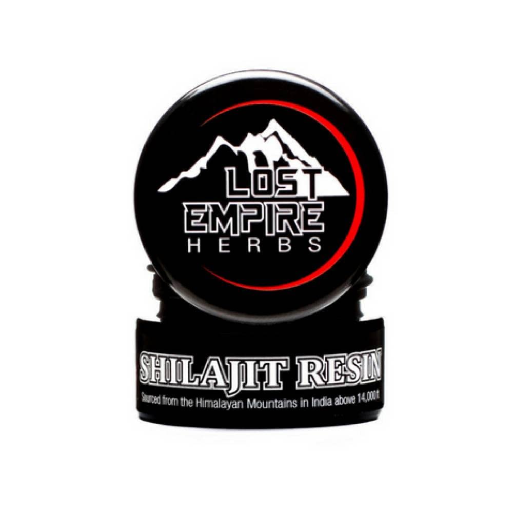 Lost Empire Herbs Himalayan Shilajit Resin in jar showing premium mineral blend for energy support.
