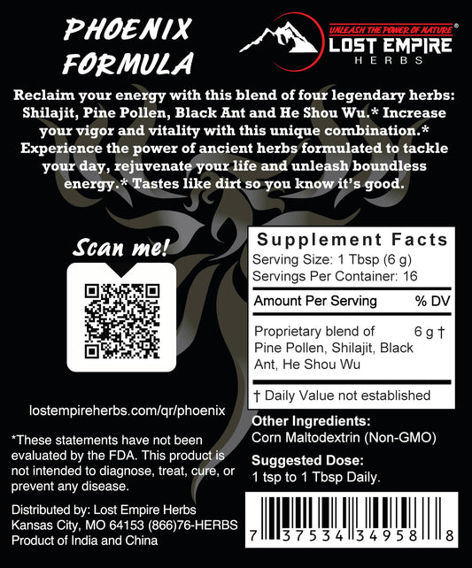 Phoenix Rejuvenation Formula powder being scooped for daily energy and routine use.