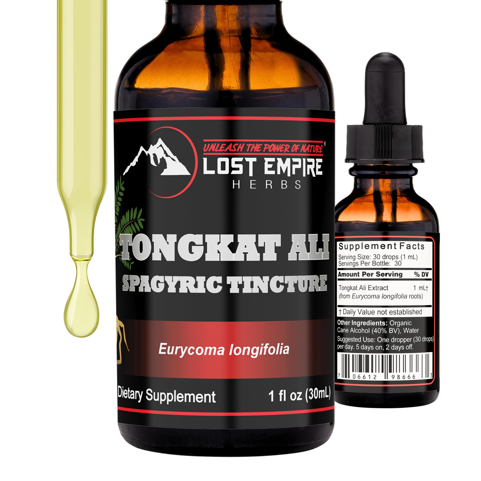 Lost Empire Herbs Tongkat Ali tincture bottle with dropper for daily energy support.